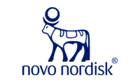 A simple drawing of a bull, turned to the side with the words novo nordisk underneath the bull drawing, all in navy blue